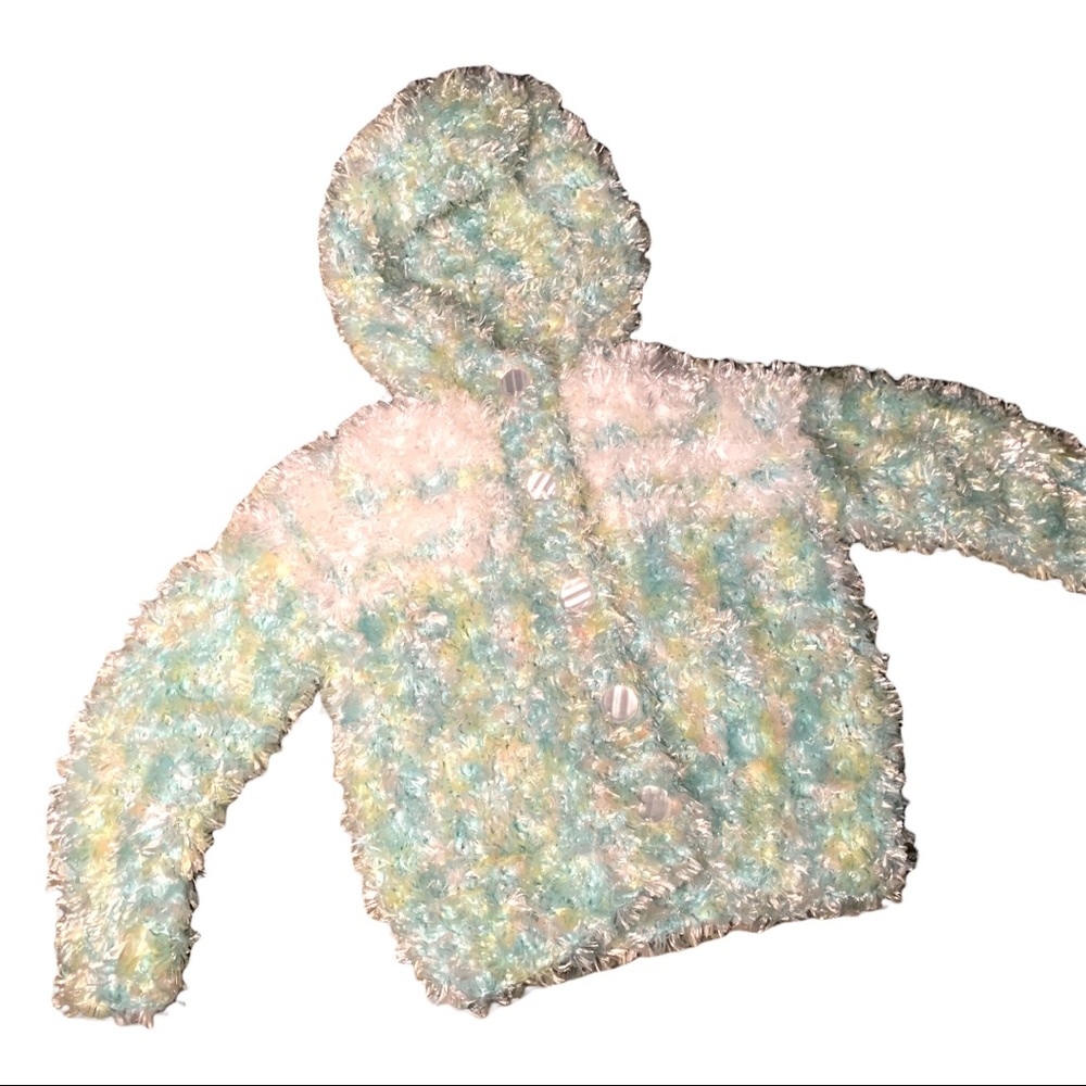 Handmade Baby Fuzzy Knitted Hooded Pea Coat with Faux Pearl Buttons 6-12 Months